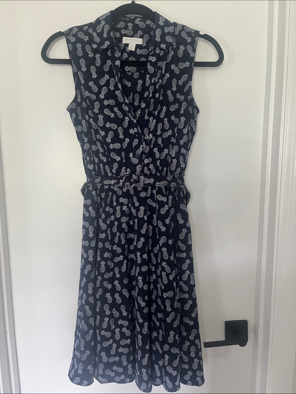 Charter Club Navy Dress with White Pineapple Print and Tie Waist